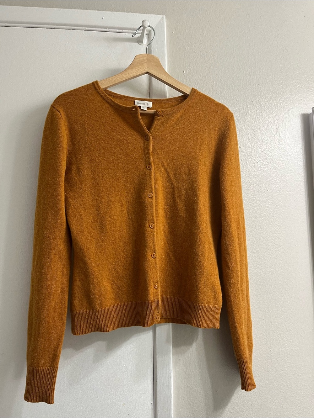 100% cashmere garnet hill Classic Women's Crewneck Button Cardigan in Mustard